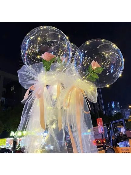Balon cu LED, Tulle Alb și Trandafir Roz