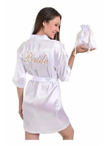 Halat Satin Alb Mireasă – cu Monogramă Aurie