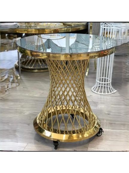Masă Tort LUXURY – 80 cm, cu Roți și Blat din Sticlă Albă