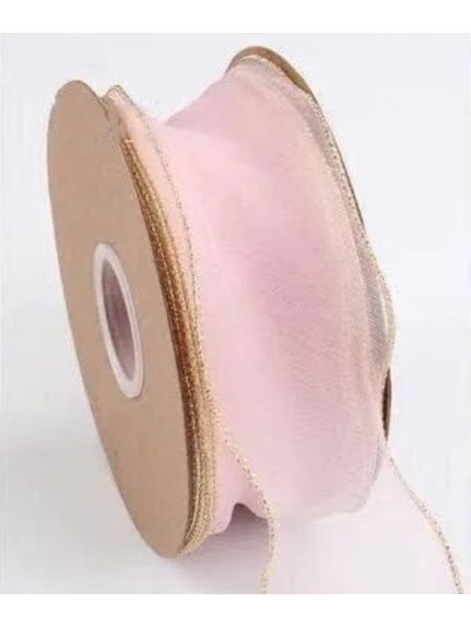 Panglica organza 50 mm – Roz cu margine aurie