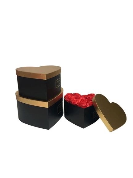 Set 3 cutii inimă – Negru cu capac Auriu Cod: 6842
