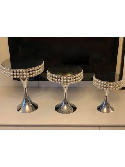 Set 3 Etajere Candy Bar cu Perle – Cod 1839 – Argintiu