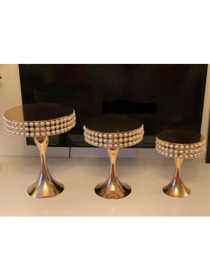 Set 3 Etajere Candy Bar cu Perle – Cod 1839 – Auriu
