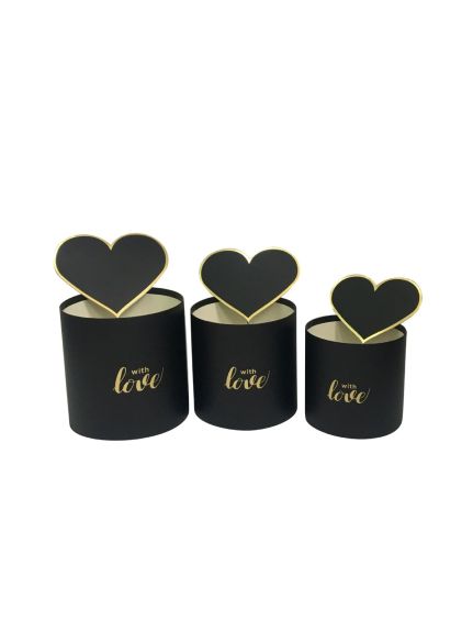Set 3 cutii rotunde cu capac inimă – Negru – Cod 7792