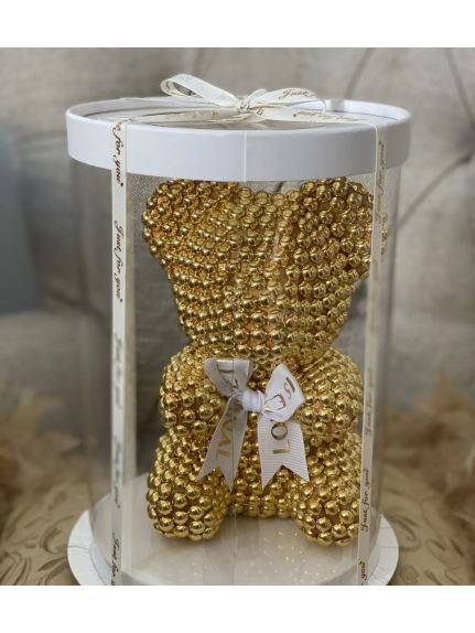 Urs decorativ cu perle Auriu – 25 cm, in cutie cadou