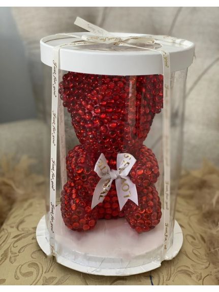  Urs decorativ 25 cm cu perle Rosu – in cutie cadou