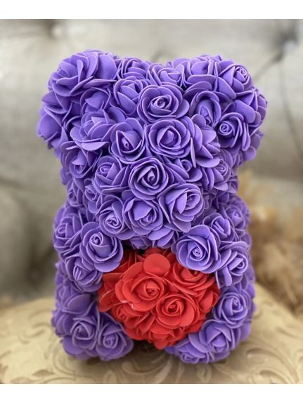 Urs din flori de spuma 25 cm – Mov cu inima rosie (cutie inclusa)