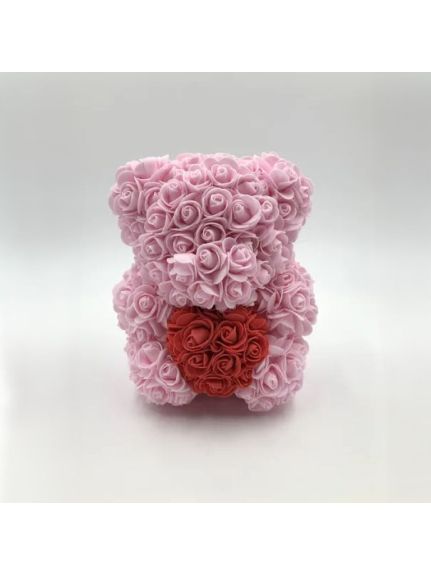 Urs din trandafiri artificiali – 25 cm, Roz cu inima Rosie (cu cutie inclusa)