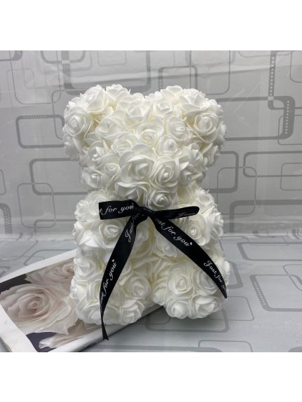 Urs din flori de spuma – 25 cm – Alb cu cutie cadou
