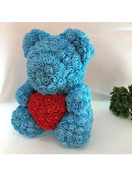 Urs decorativ din flori de spuma Bleu cu inima Rosie – 40 cm (fara cutie)