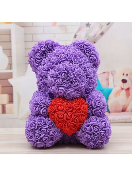 Urs decorativ din flori de spuma Mov cu inima Rosie – 40 cm (fara cutie)
